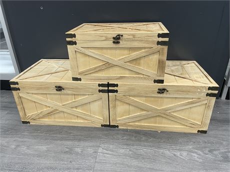 3 WOODEN STACKING STORAGE BOXES LARGEST 17”x12”x10”