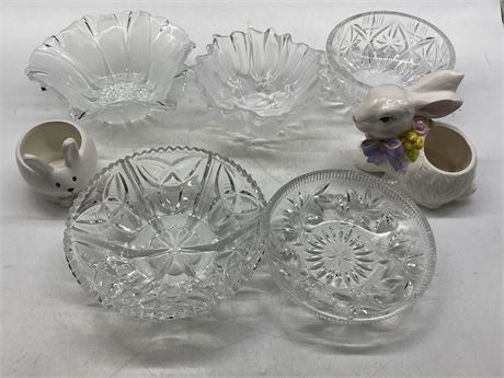 LOT OF 5 CRYSTAL DISHES & 2 FLOWER POTS (TALLEST IS 5”)
