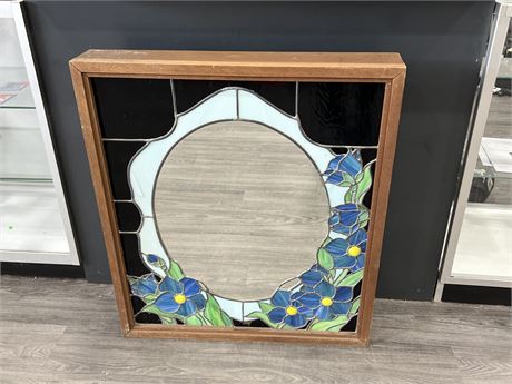 VINTAGE STAINED GLASS W/ MIRROR IN WOODEN FRAME - LIGHT UP LED IN BACK 35”x30”