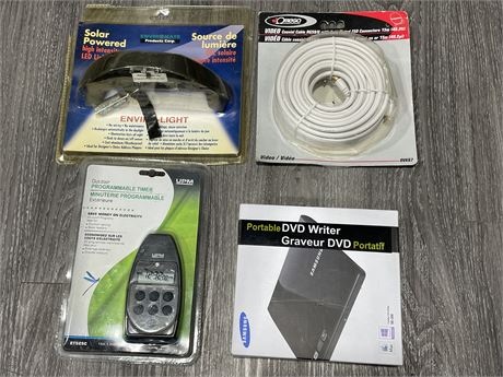 ELECTRONICS LOT — DVD WRITER, CABLES, OUTDOOR TIMER, & LIGHT