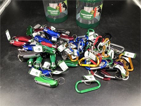 LOT OF CARABINER / NAIL CLIPPER-PEN KEY CHAINS