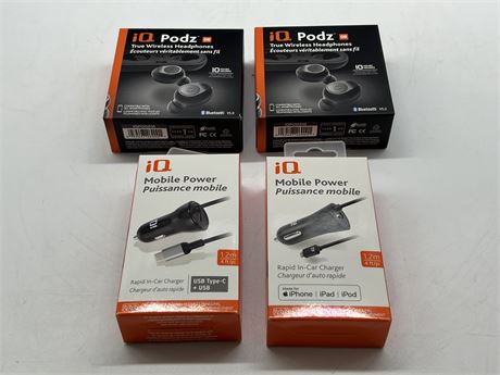 2 NEW IQ PODZ & 2 NEW MOBILE POWER CHARGERS