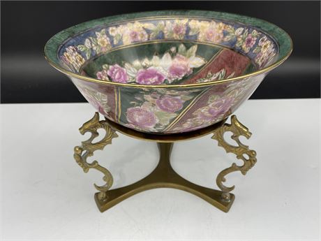 HEAVILY DECORATED BOWL ON BRASS DRAGON STAND