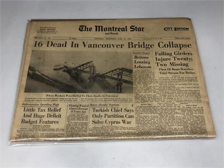 ORIGINAL ‘MONTREAL STAR’ NEWSPAPER, JUNE 18 1958: ‘VANCOUVER BRIDGE COLLAPSE’