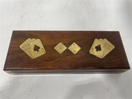 VINTAGE BRASS IN LAY WOOD CARD BOX WITH DICE AND 2 NEW CARD SETS