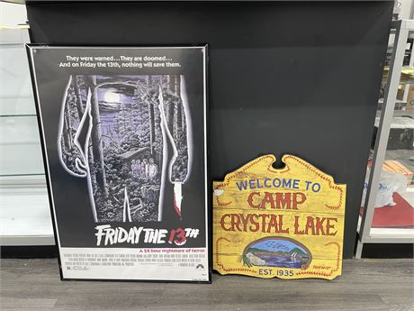 FRIDAY THE 13TH FRAMED POSTER & WOODEN SIGN (LARGEST 24”x36”)