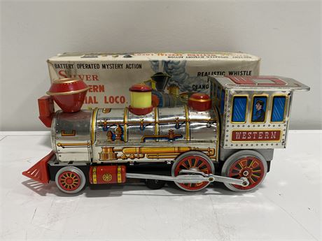 VINTAGE SILVER WESTERN SPECIAL LOCO TIN TOY MADE IN JAPAN (Works, 13” long)