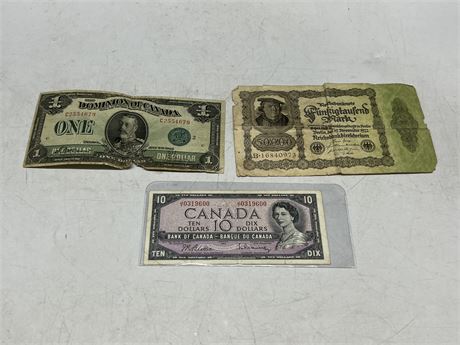 1954 $10 CDN BILL, LARGE 1923 CDN $1 BILL & GERMAN BANK NOTE