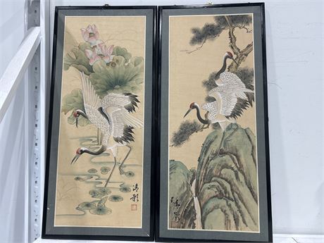 2 VINTAGE CHINESE SILK ART PANELS (EACH PANEL 35”X16”)