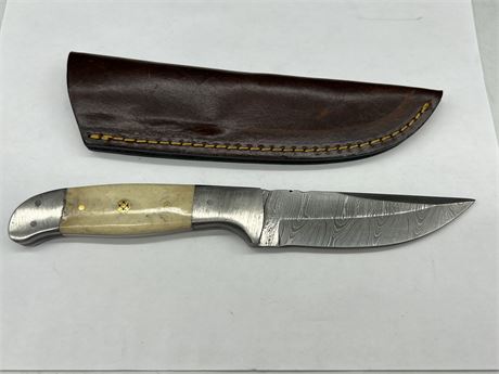HAND MADE BESCAR STEEL KNIFE W/SHEATH - WHITE HANDLE