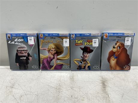 4 SEALED DISNEY 100 BLU RAY / DVD MOVIES - INCLUDES COLLECTABLE PINS