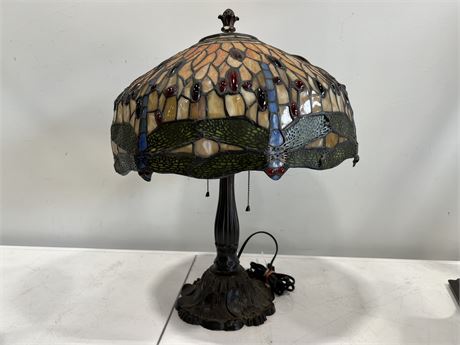 TIFFANY STYLE DRAGONFLY STAINED GLASS LAMP (23” tall)
