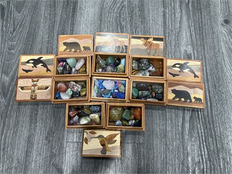 8 SMALL HAND CRAFTED WOODEN BOXES FULL OF STONES / ROCKS & ECT