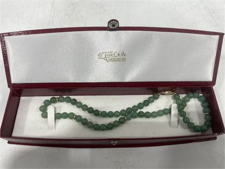 VINTAGE JADE BEADS WITH 14K GOLD CLASP (SIGNED)