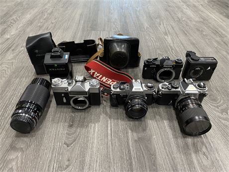 CAMERA LOT W/BODIES, LENSES, FLASHES