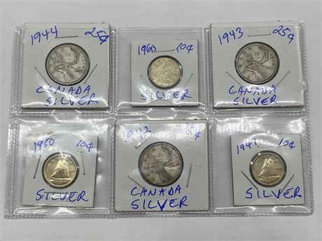 3 - 25 CENT & 3 - 10 CENT SILVER