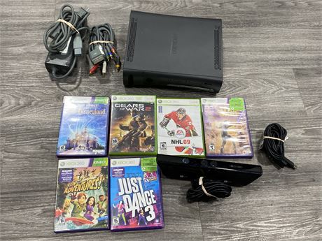 XBOX 360 w/KINECT & 6 GAMES (Works, no controller)