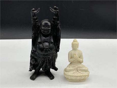 2 VINTAGE CHINESE CARVED BUDDHA FIGURINES (TALLEST 8”)