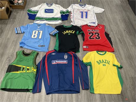 8 ASSORTED JERSEYS / SHIRTS - MOSTLY LARGER MENS SIZES