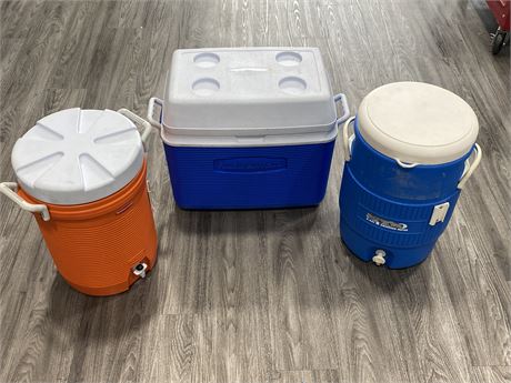 RUBBERMAID COOLER & (2) 5 GALLON WATER COOLERS