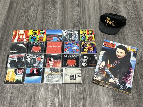 U2 COLLECTABLE LOT - 19 CDs, HAT & MAGAZINE