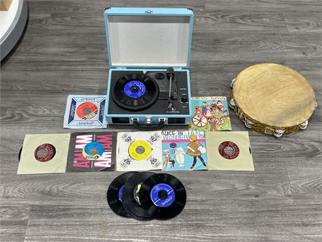 45RPM RECORD PLAYER W/RECORDS & HAND DRUM
