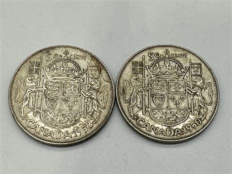 1950 & 1952 FIFTY CENT SILVER COINS