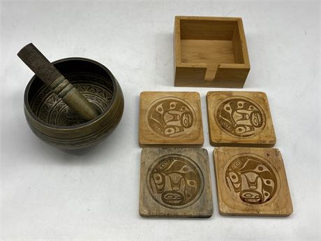 INDIGENOUS CUP COASTERS & BRASS MORTAR