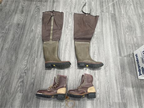 PAIR OF FISHING HIP WADERS & STEEL TOE BOOTS - SIZE 8 / 9