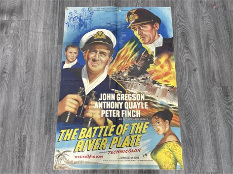 VINTAGE ORIGINAL BATTLE OF THE RIVER PLATE MOVIE POSTER - 39.5” X 27”