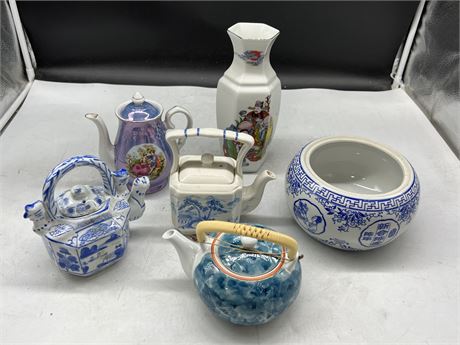 6 PIECES OF TEAPOTS, VASE, ETC - SOME SIGNED