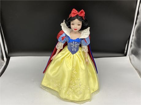 SNOW WHITE PORCELAIN DOLL W/STAND (16” Tall)
