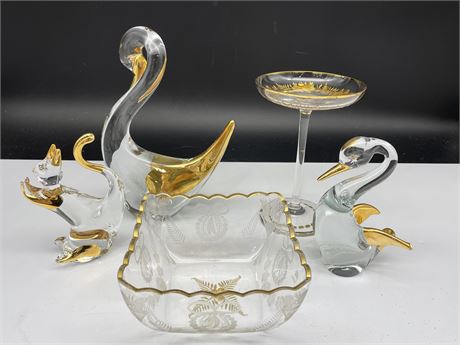 2 LABELLED VINTAGE MURANO ART GLASS 24K GOLD TRIM ITALY SWANS 7”/3ART GLASS PC