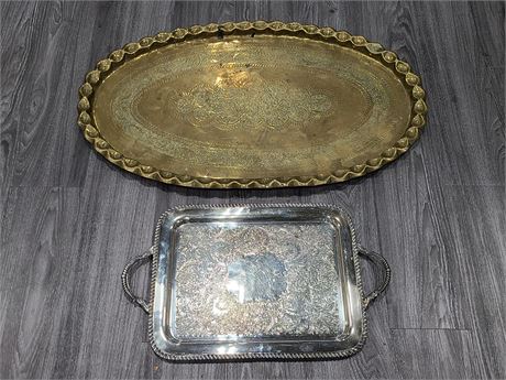 HEAVY LARGE BRASS SERVING TRAY (36.5"x22" - 18.5"x13.4")