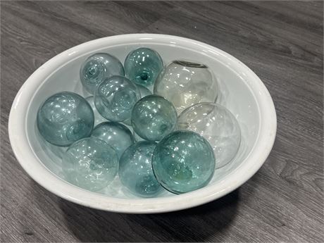 14 VINTAGE JAPANESE GLASS FLOATS IN IRONSTONE WASH BOWL - BOWL IS 15” WIDE