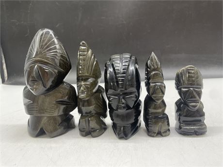 5 BLACK OBSIDIAN & CARVED ONYX AZTEC STATUES