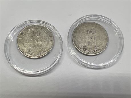 (2) 1911 NEWFOUNDLAND SILVER 50 CENT COINS