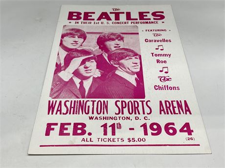 THE BEATLES VINTAGE CARD STOCK CONCERT POSTER, FIRST US CONCERT 1964 (22”x14”)
