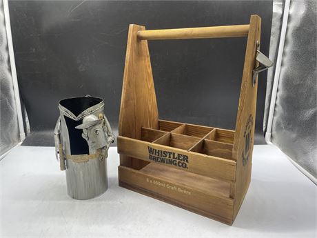 WHISTLER BREWERY WOODEN HOLDER AND METAL WINE HOLDER
