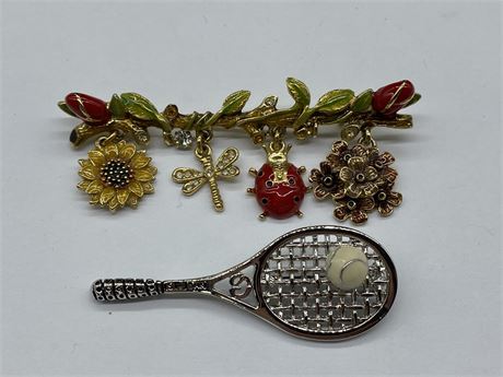 VERY RARE ST. JOHN’S BROOCHES / TENNIS RAQUET IS 2.5” & SPRING CHARM PIN IS 3.5”