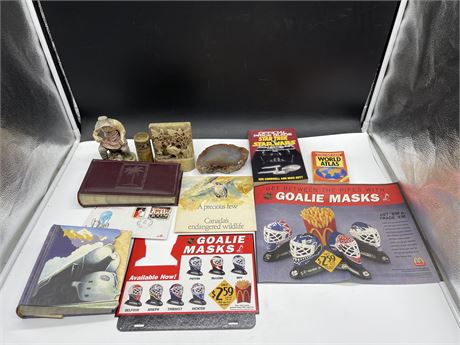 LOT OF MISC COLLECTABLES INCLUDING BOOKS, STAMP BOOKS, ETC
