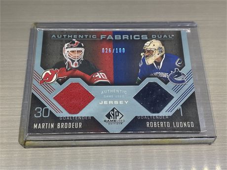 2007/08 SP GAME USED LUONGO / BRODEUR DUAL JERSEY CARD #26/100