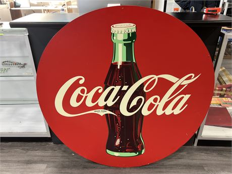 EARLY 1970s COCA COLA METAL BUTTON SIGN (46” diameter)