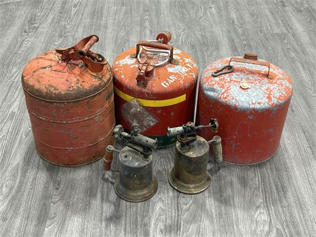 3 VINTAGE GAS CANS & 2 BRASS BLOW TORCHES