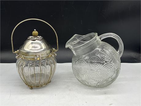 EARLY 1900’s GLASS WATER PITCHER & BISCUIT JAR