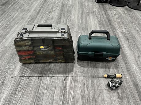 2 TACKLE BOXES W/ CONTENTS + FISHING ROD
