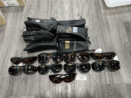 9 PAIRS OF MISC NEW SUNGLASSES W/ CASES