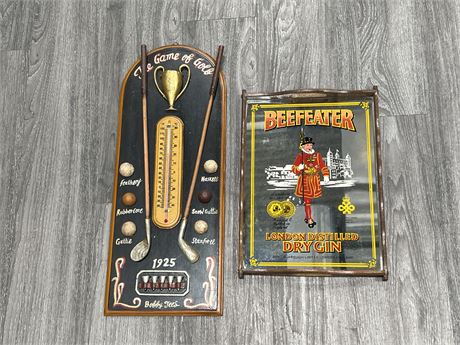 VINTAGE BEEFEATER MIRRORED SERVING TRAY + GOLF THEMED HANGING THERMOMETER