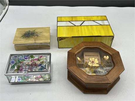 4 SMALL BOXES W/ JEWELRY & WATCHES - YELLOW BOX HAS CHIP & CRACK