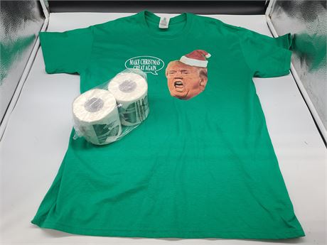 TRUMP T-SHIRT "MAKE CHRISTMAS GREAT AGAIN" WITH TRUMP TOILET PAPER